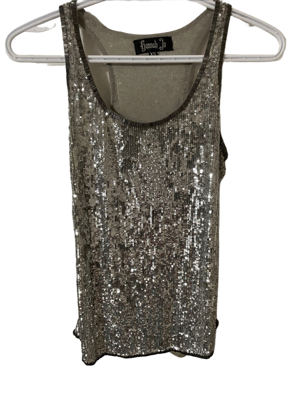 Y2K Hannah Jo Silver Sequin & Beaded Silk Tank Top Size XS
